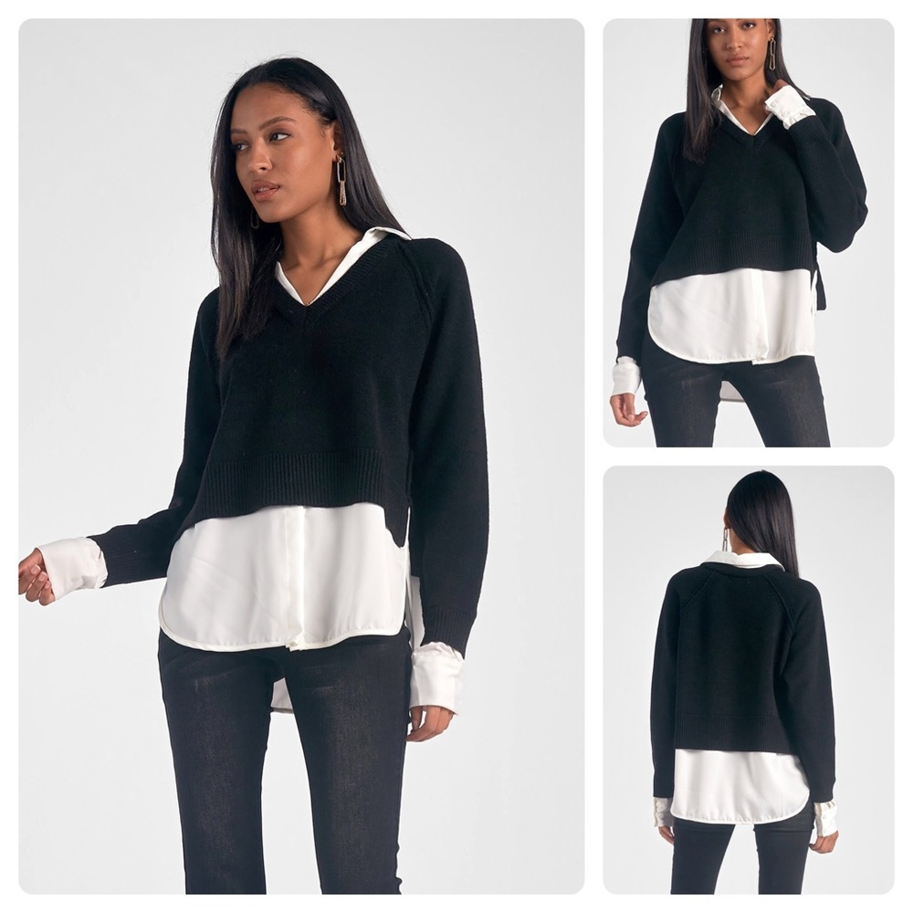 “Elan” Black Sweater with White Layered Shirt